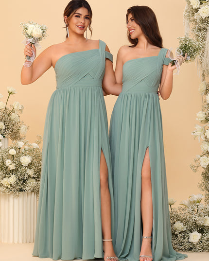 One Shoulder Chiffon Pleated Bridesmaid Dresses with Slit