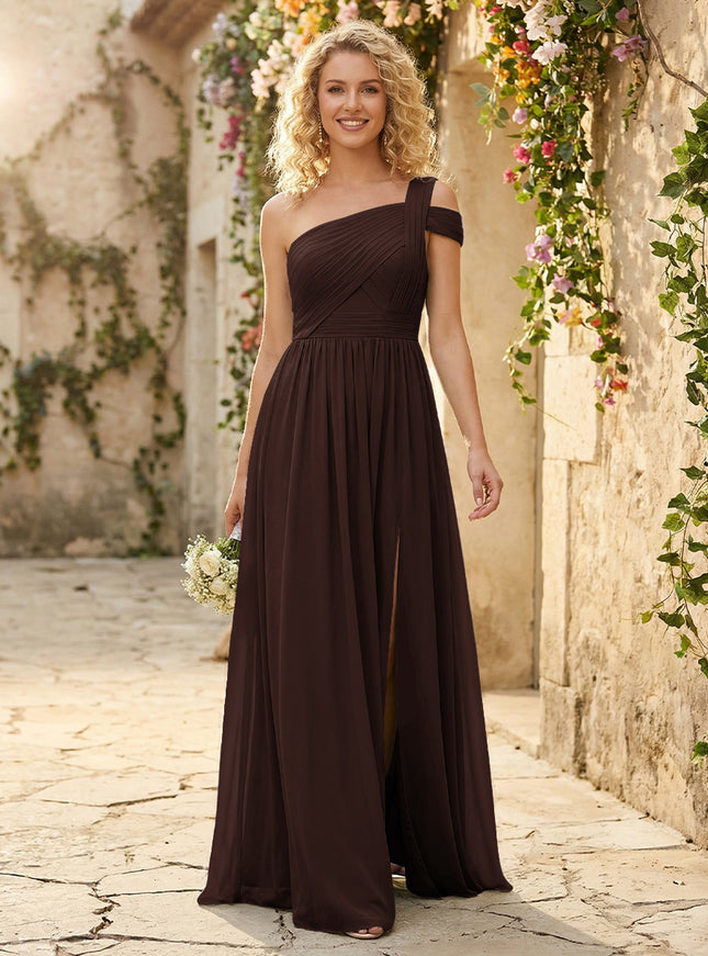 One Shoulder Chiffon Pleated Bridesmaid Dresses with Slit