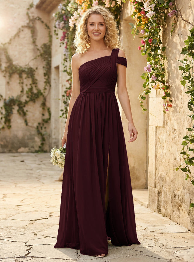 One Shoulder Chiffon Pleated Bridesmaid Dresses with Slit