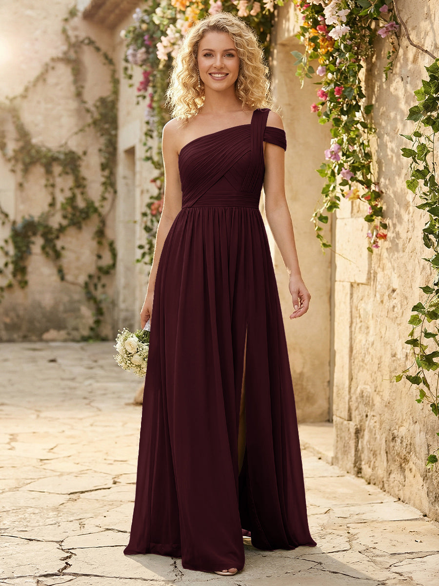 One Shoulder Chiffon Pleated Bridesmaid Dresses with Slit