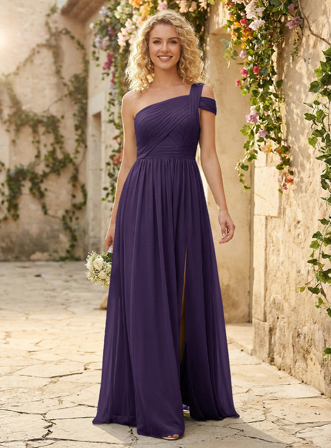 One Shoulder Chiffon Pleated Bridesmaid Dresses with Slit