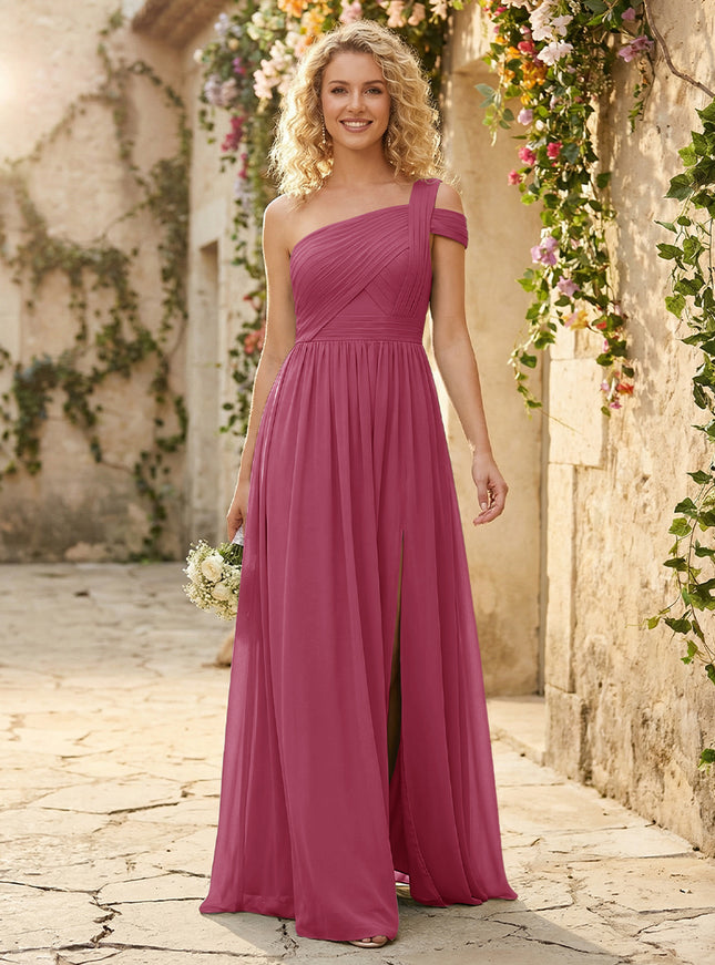 One Shoulder Chiffon Pleated Bridesmaid Dresses with Slit