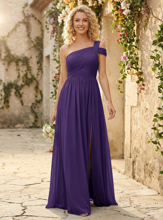 One Shoulder Chiffon Pleated Bridesmaid Dresses with Slit