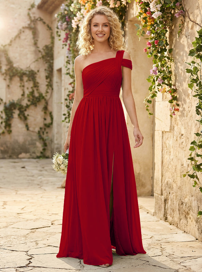 One Shoulder Chiffon Pleated Bridesmaid Dresses with Slit