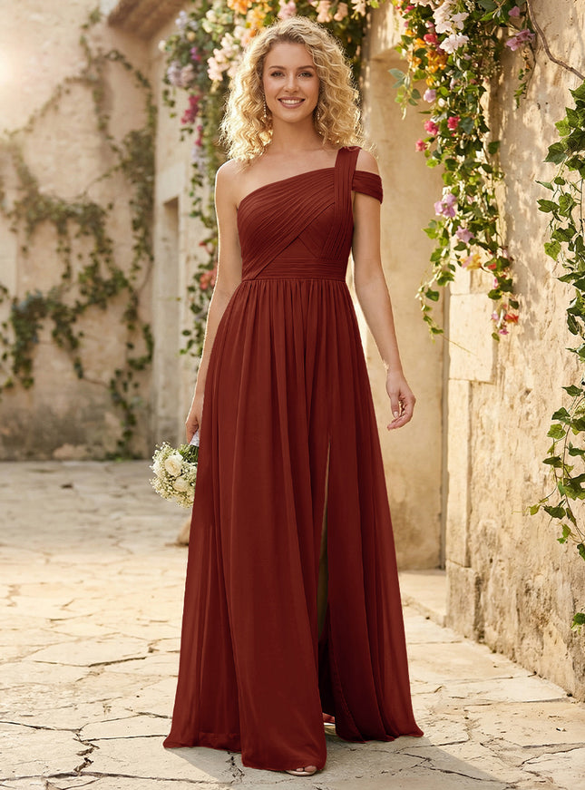 One Shoulder Chiffon Pleated Bridesmaid Dresses with Slit