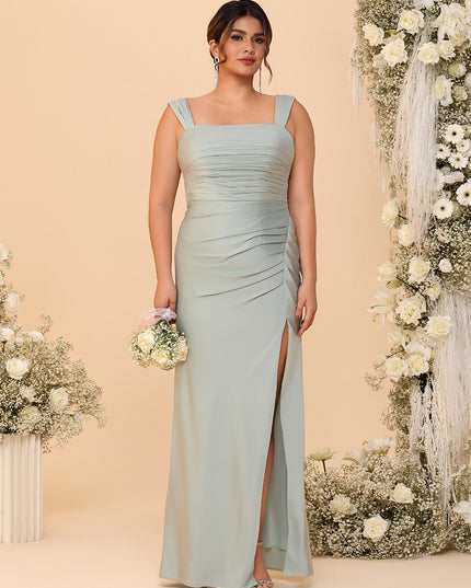 Square Neck Chiffon Pleated Bridesmaid Dresses with Slit
