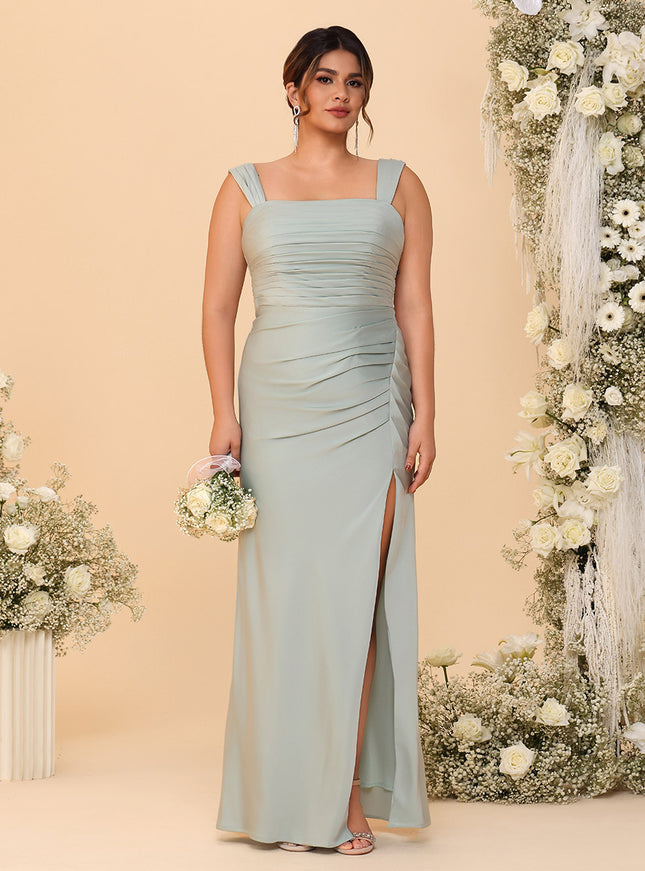 Square Neck Chiffon Pleated Bridesmaid Dresses with Slit