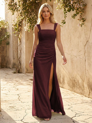 Square Neck Chiffon Pleated Bridesmaid Dresses with Slit
