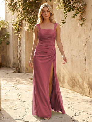 Square Neck Chiffon Pleated Bridesmaid Dresses with Slit