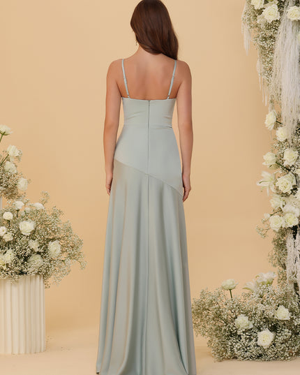 Spaghetti Straps Satin Pleated Bridesmaid Dresses with Slit