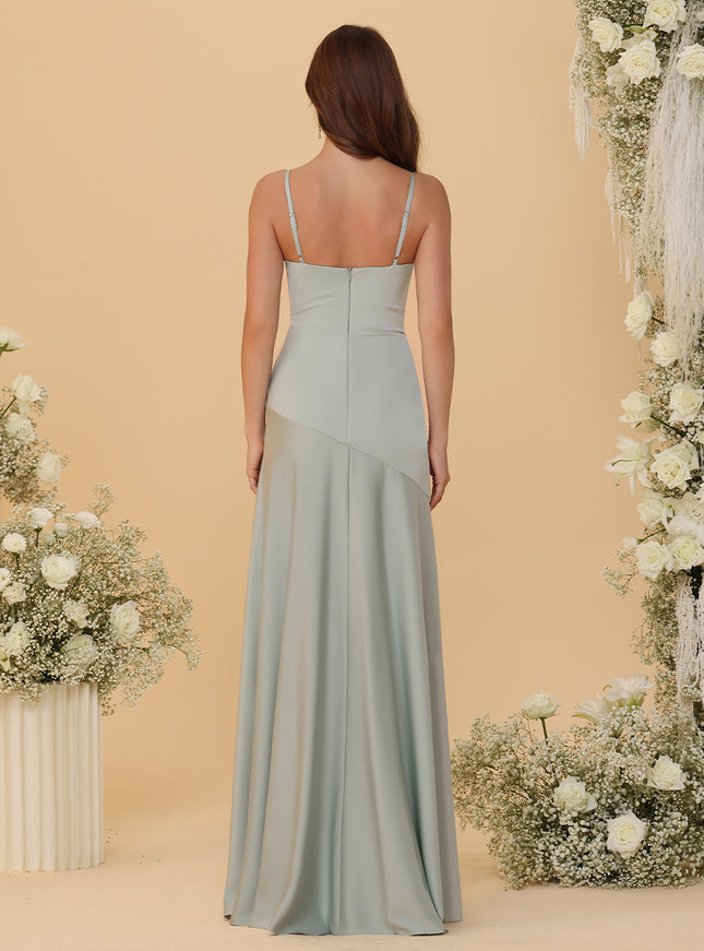 Spaghetti Straps Satin Pleated Bridesmaid Dresses with Slit