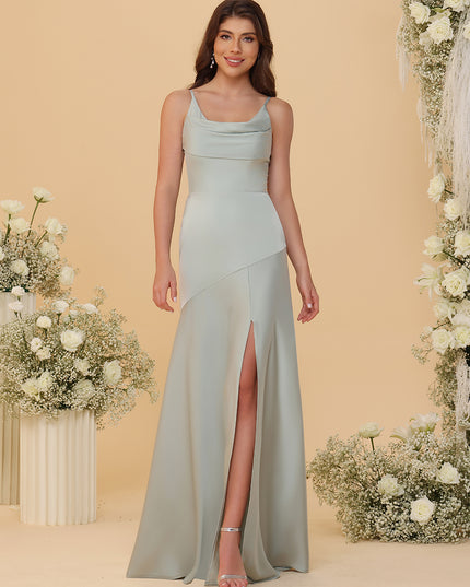 Spaghetti Straps Satin Pleated Bridesmaid Dresses with Slit