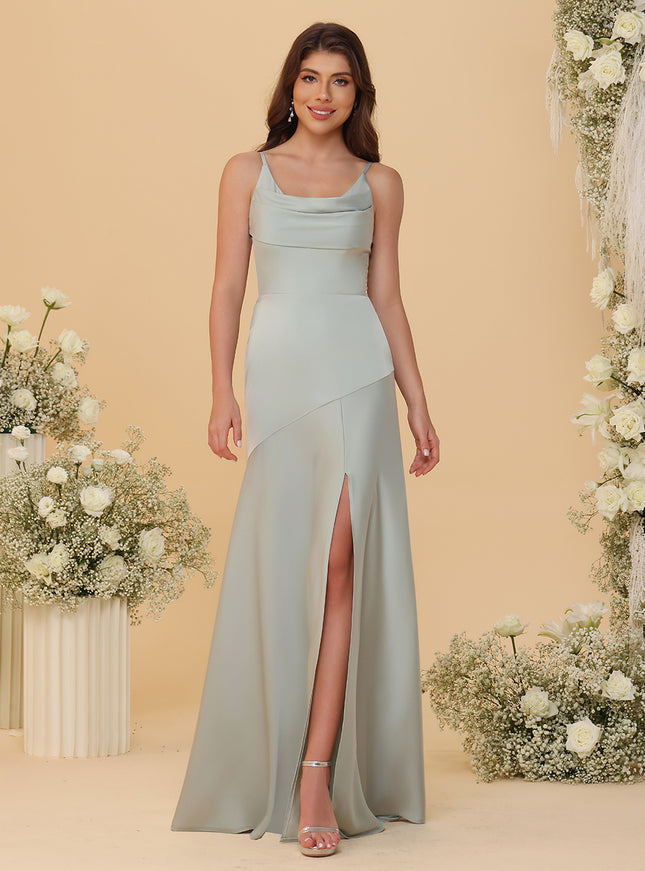 Spaghetti Straps Satin Pleated Bridesmaid Dresses with Slit