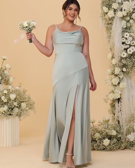 Spaghetti Straps Satin Pleated Bridesmaid Dresses with Slit