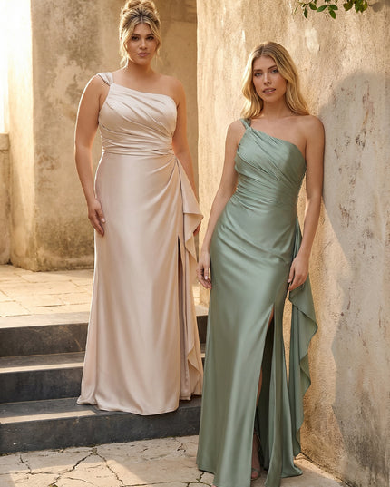 One Shoulder Satin Pleated Bridesmaid Dresses with Slit
