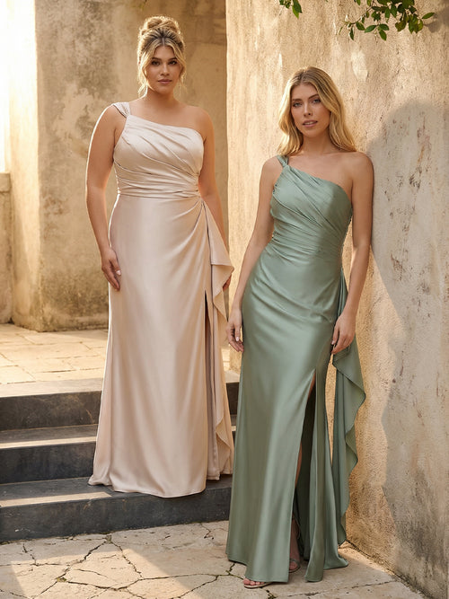 One Shoulder Satin Pleated Bridesmaid Dresses with Slit