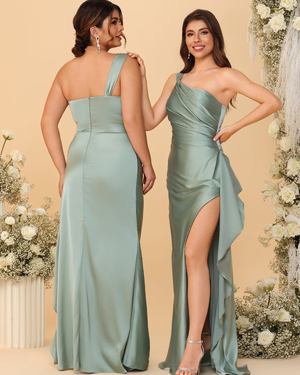 One Shoulder Satin Pleated Bridesmaid Dresses with Slit