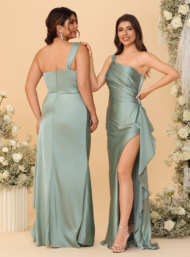 One Shoulder Satin Pleated Bridesmaid Dresses with Slit
