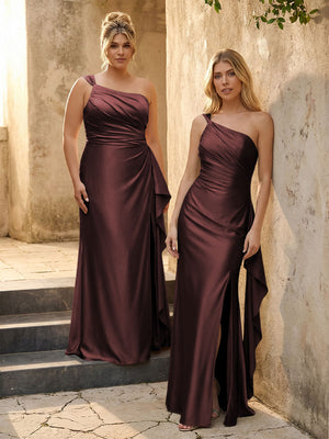 One Shoulder Satin Pleated Bridesmaid Dresses with Slit