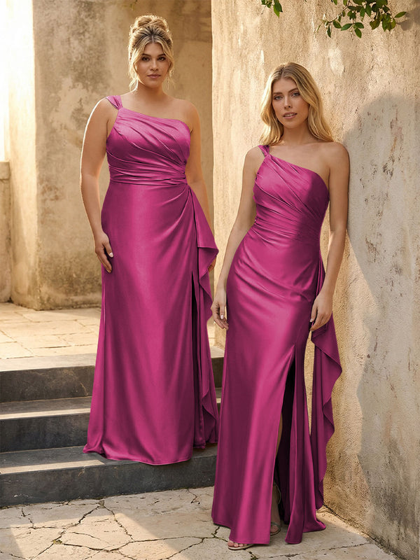 One Shoulder Satin Pleated Bridesmaid Dresses with Slit