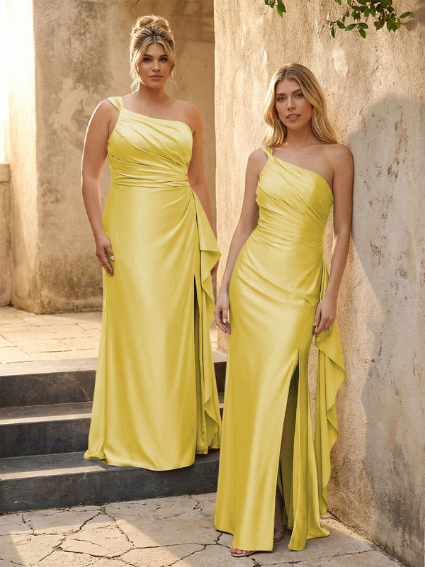 One Shoulder Satin Pleated Bridesmaid Dresses with Slit