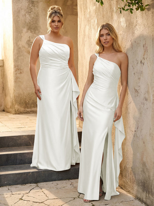 One Shoulder Satin Pleated Bridesmaid Dresses with Slit