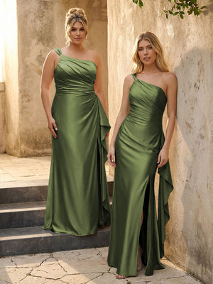 One Shoulder Satin Pleated Bridesmaid Dresses with Slit