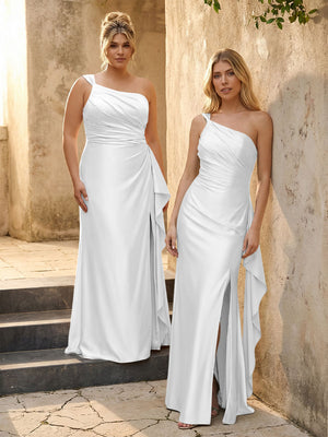 One Shoulder Satin Pleated Bridesmaid Dresses with Slit