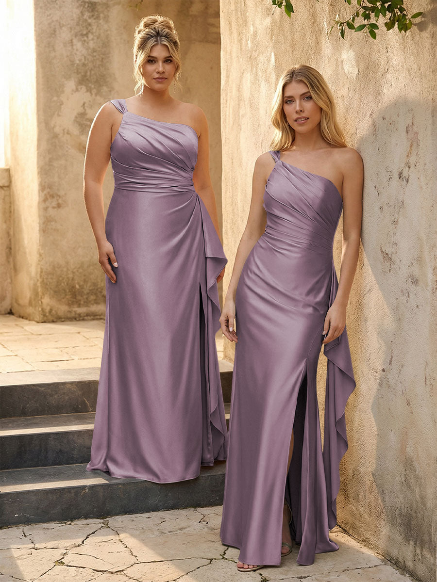 One Shoulder Satin Pleated Bridesmaid Dresses with Slit
