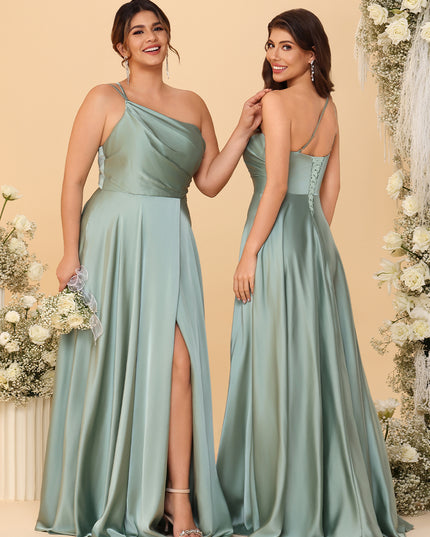 One Shoulder Satin Pleated Bridesmaid Dresses with Slit