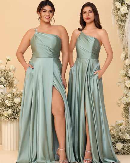 One Shoulder Satin Pleated Bridesmaid Dresses with Slit