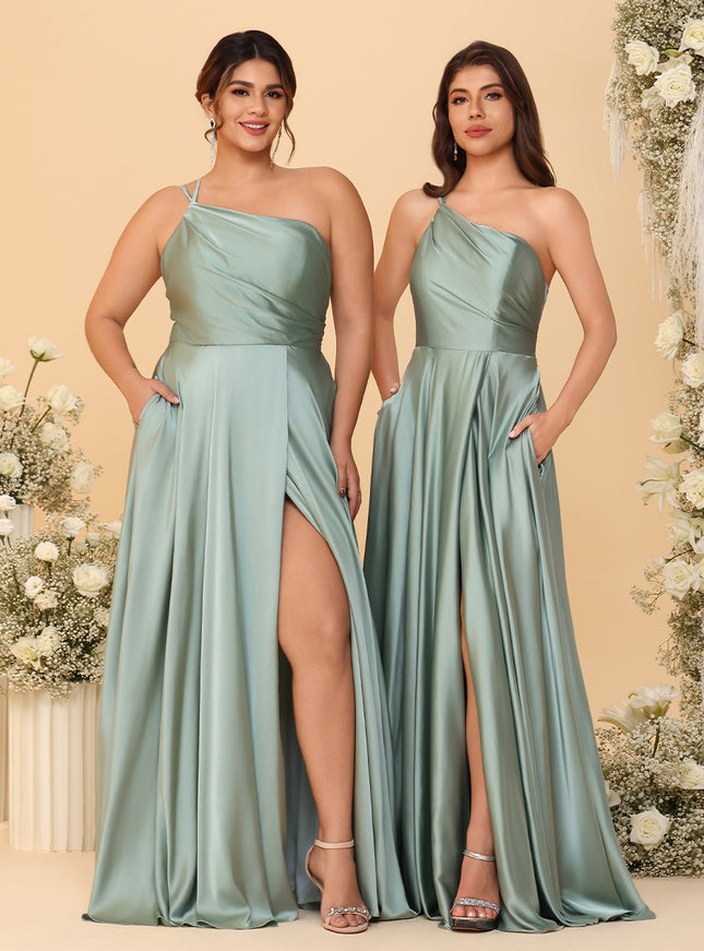 One Shoulder Satin Pleated Bridesmaid Dresses with Slit