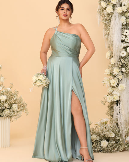 One Shoulder Satin Pleated Bridesmaid Dresses with Slit