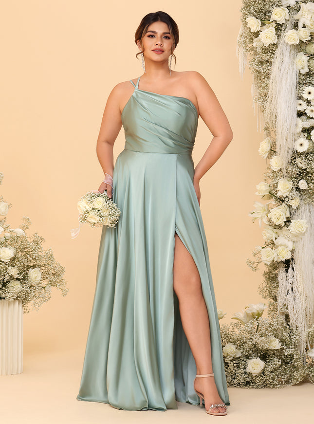 One Shoulder Satin Pleated Bridesmaid Dresses with Slit