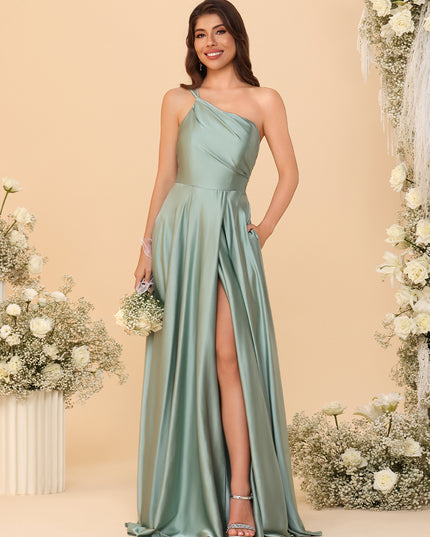 One Shoulder Satin Pleated Bridesmaid Dresses with Slit