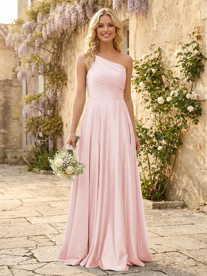 One Shoulder Satin Pleated Bridesmaid Dresses with Slit
