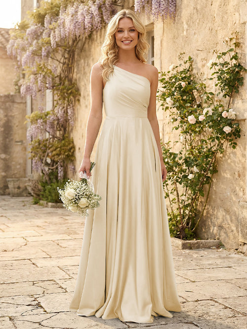 One Shoulder Satin Pleated Bridesmaid Dresses with Slit