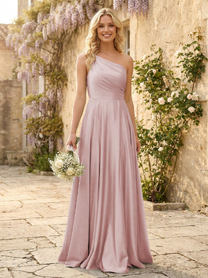 One Shoulder Satin Pleated Bridesmaid Dresses with Slit