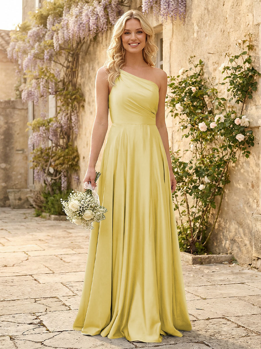 One Shoulder Satin Pleated Bridesmaid Dresses with Slit