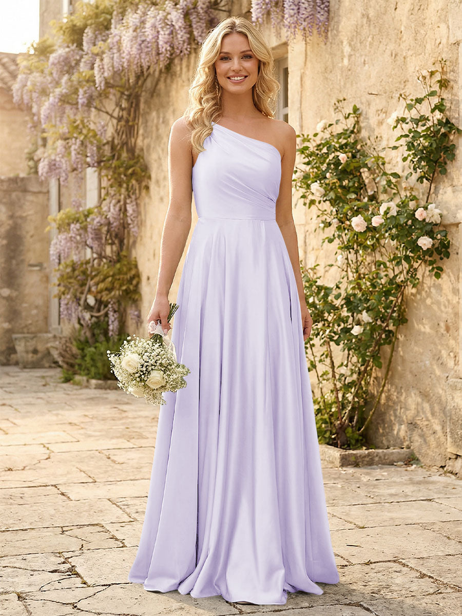 One Shoulder Satin Pleated Bridesmaid Dresses with Slit