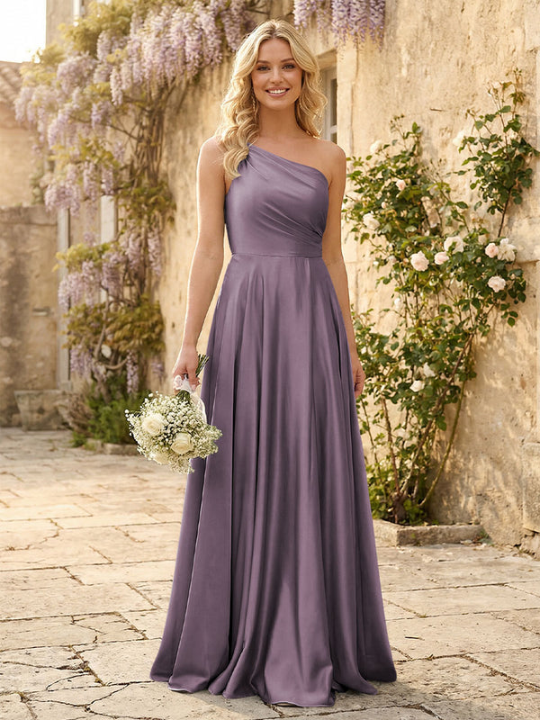 One Shoulder Satin Pleated Bridesmaid Dresses with Slit
