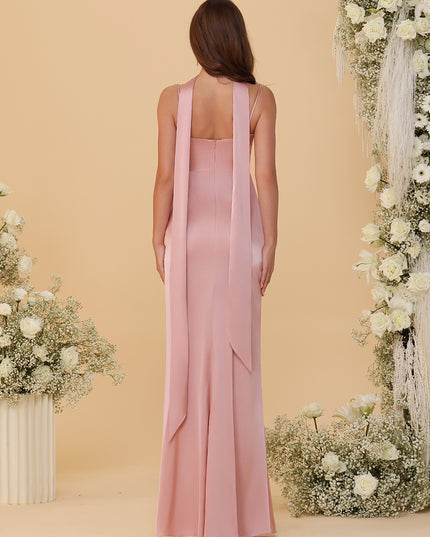 Spaghetti Straps Satin Pleated Bridesmaid Dresses with Scarf