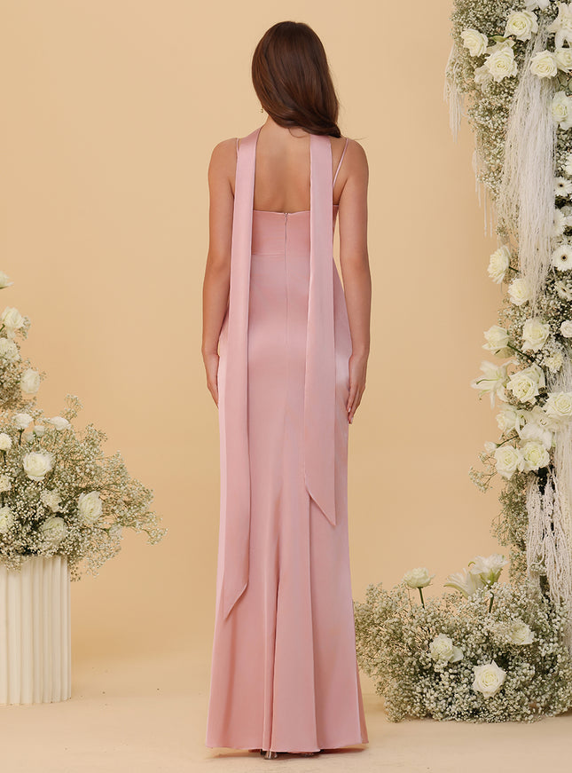 Spaghetti Straps Satin Pleated Bridesmaid Dresses with Scarf