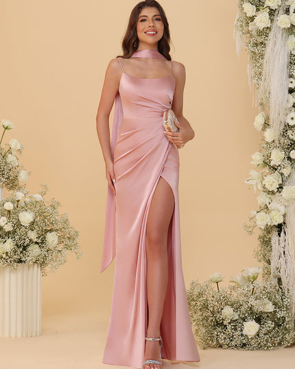 Spaghetti Straps Satin Pleated Bridesmaid Dresses with Scarf