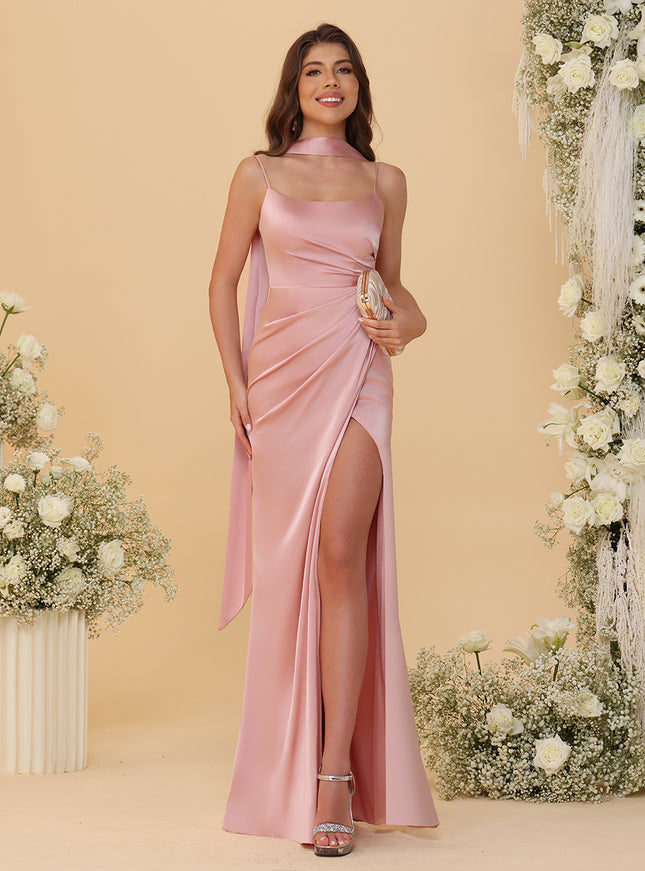 Spaghetti Straps Satin Pleated Bridesmaid Dresses with Scarf