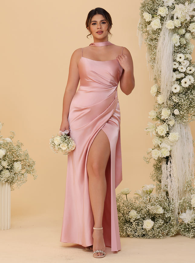 Spaghetti Straps Satin Pleated Bridesmaid Dresses with Scarf