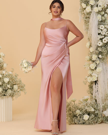 Spaghetti Straps Satin Pleated Bridesmaid Dresses with Scarf