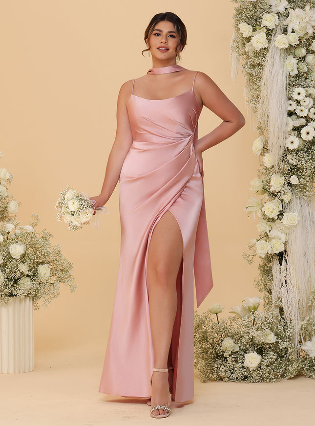 Spaghetti Straps Satin Pleated Bridesmaid Dresses with Scarf