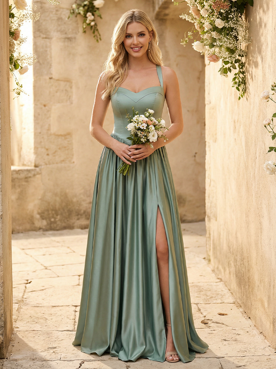 Spaghetti Straps Satin Pleated Bridesmaid Dresses