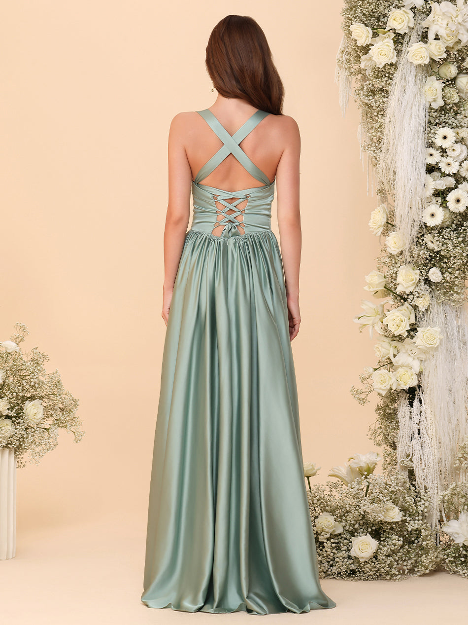 Spaghetti Straps Satin Pleated Bridesmaid Dresses